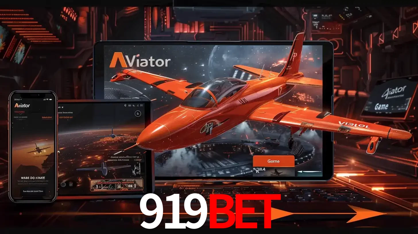 Apresentação tecnológica do jogo Aviator com um avião saindo da tela de um tablet, demonstrando a experiência imersiva em múltiplos dispositivos no 919BET.