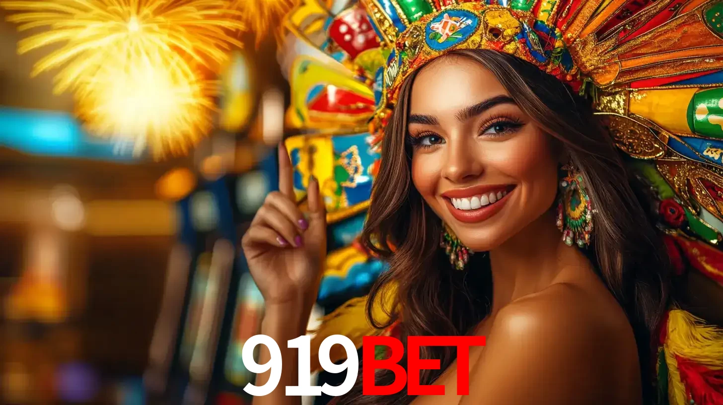 Mulher sorridente com um cocar de carnaval vibrante e colorido, celebrando uma grande vitória nos jogos do cassino 919BET com fogos de artifício ao fundo.