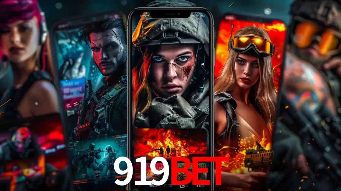 Montagem de telas de celular mostrando diversos personagens, masculinos e femininos, de um jogo de tiro, ilustrando a diversidade de equipes de e-sports para apostar no 919BET.