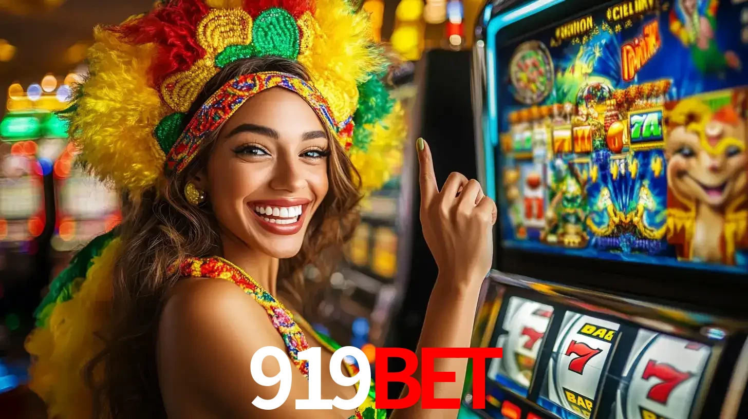 Mulher animada com um cocar de carnaval apontando para uma máquina de caça-níqueis, mostrando a emoção de ganhar um grande prêmio nos jogos do 919BET.