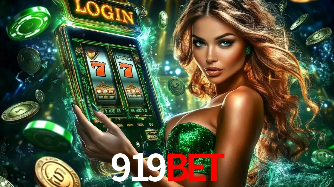 Mulher com tema verde apresentando o aplicativo do cassino 919BET com um jogo de slot de 777, cercada por fichas de cassino e uma aura de sorte.
