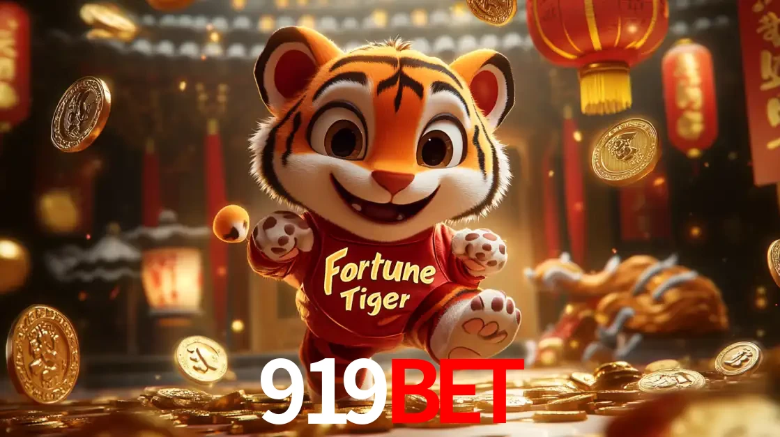O alegre personagem do Fortune Tiger correndo sobre um caminho de moedas de ouro, simbolizando os grandes prêmios e a diversão do popular jogo de slot do 919BET.