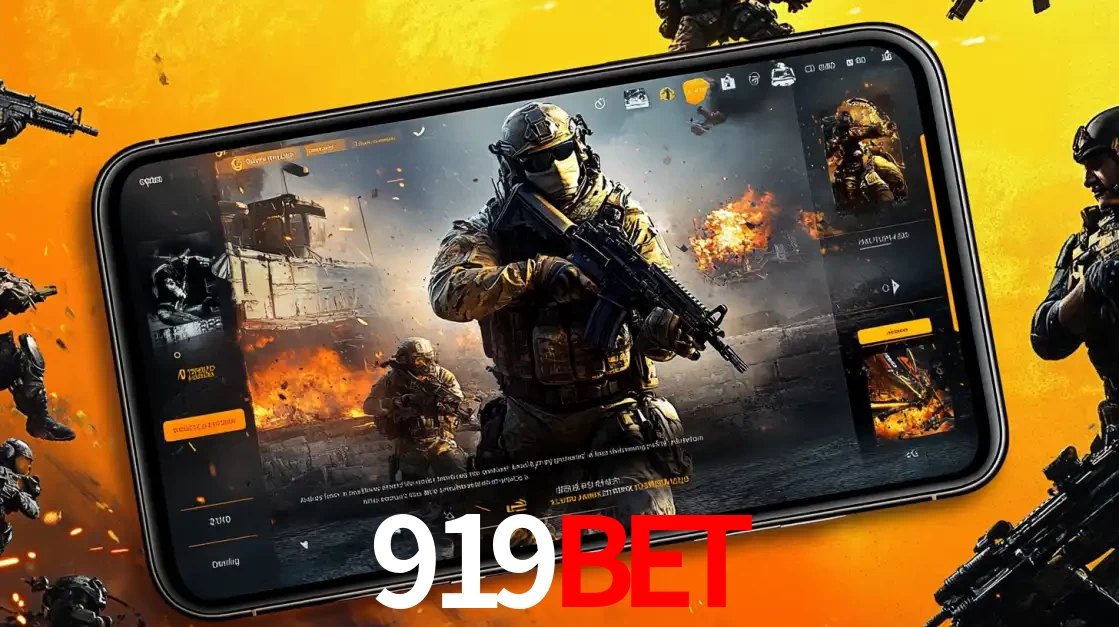 Um smartphone exibindo a interface de um jogo de tiro em primeira pessoa, com um soldado em um cenário de batalha, representando a ação dos e-sports para apostar no 919BET.