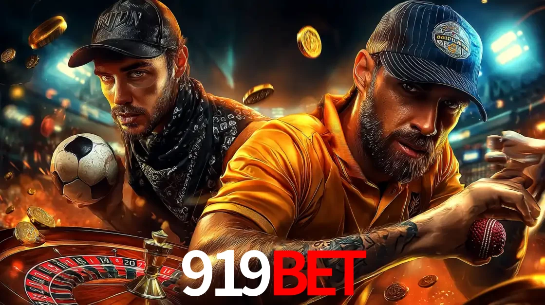 Montagem de apostas esportivas e cassino no 919BET, com um homem segurando uma bola de futebol e outro uma de beisebol sobre uma roleta e moedas voadoras.