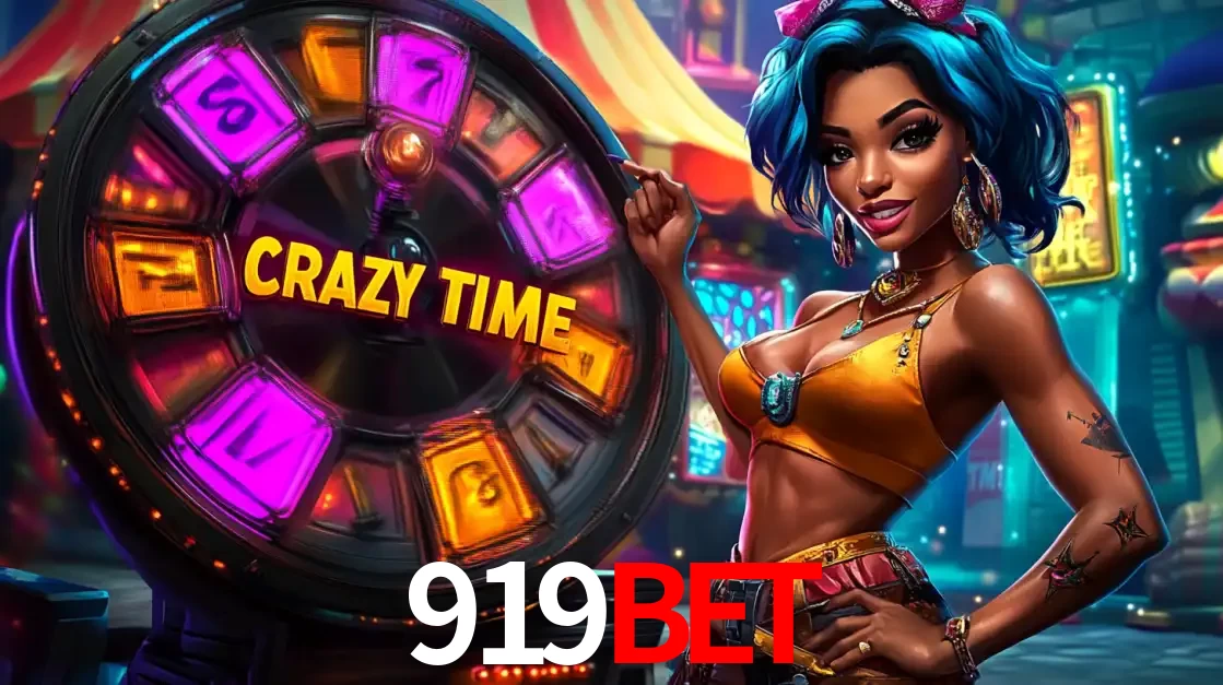 Mulher estilizada com cabelo azul e visual vibrante posando ao lado da roda de prêmios do game show Crazy Time, convidando para a diversão e os bônus do cassino 919BET.