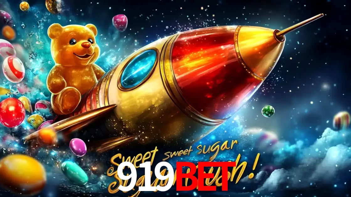 Arte promocional do jogo de slot Sugar Rush, com um urso de pelúcia em um foguete viajando pelo espaço de doces, um dos jogos divertidos disponíveis no cassino 919BET.