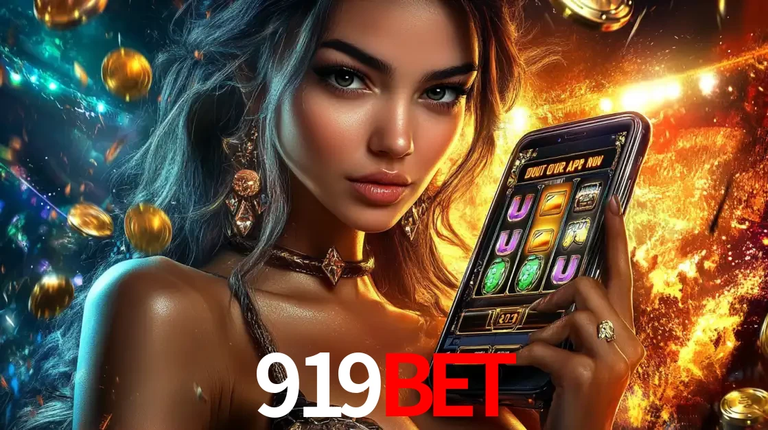 Mulher elegante mostrando um jogo de caça-níqueis em seu smartphone, destacando a experiência de cassino móvel oferecida pelo aplicativo 919BET.