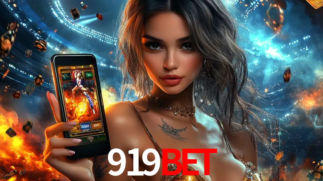 Mulher segurando um celular com um jogo de slot em destaque, tendo como fundo um estádio vibrante, simbolizando a emoção de jogar no cassino móvel 919BET.