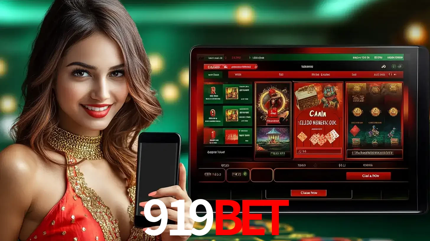 Mulher sorridente segurando um smartphone, ao lado de uma tela exibindo o lobby de jogos do cassino online 919BET, com várias opções de jogos de cartas e slots.